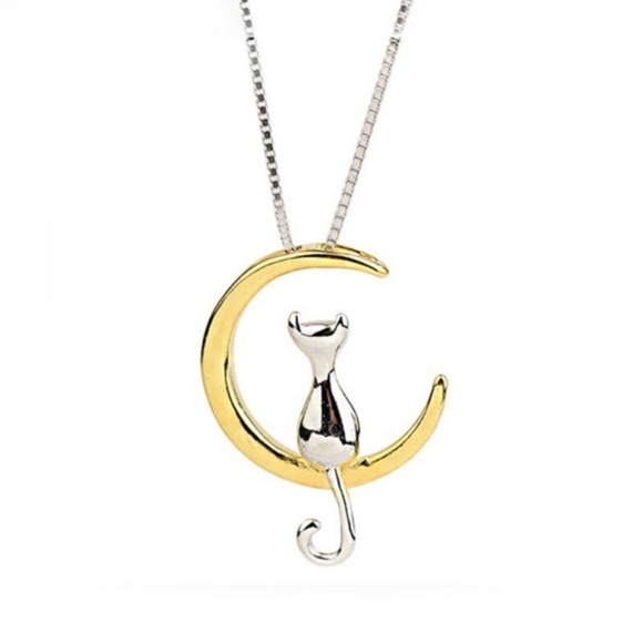 Jewelry - Crescent Moon Gold & Silver Cat Pendant Necklace